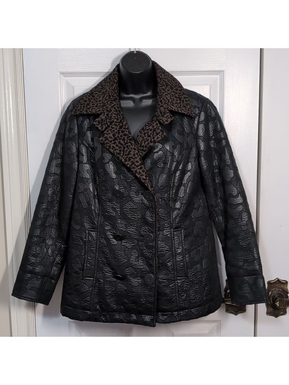 SPANNER Faux Leather Wool Trim Animal Print Jacket Size Medium